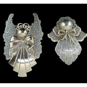 Vintage Silver Tone Angel Brooch Pin Set Of 2 Pendant Ornate Guardian Statement